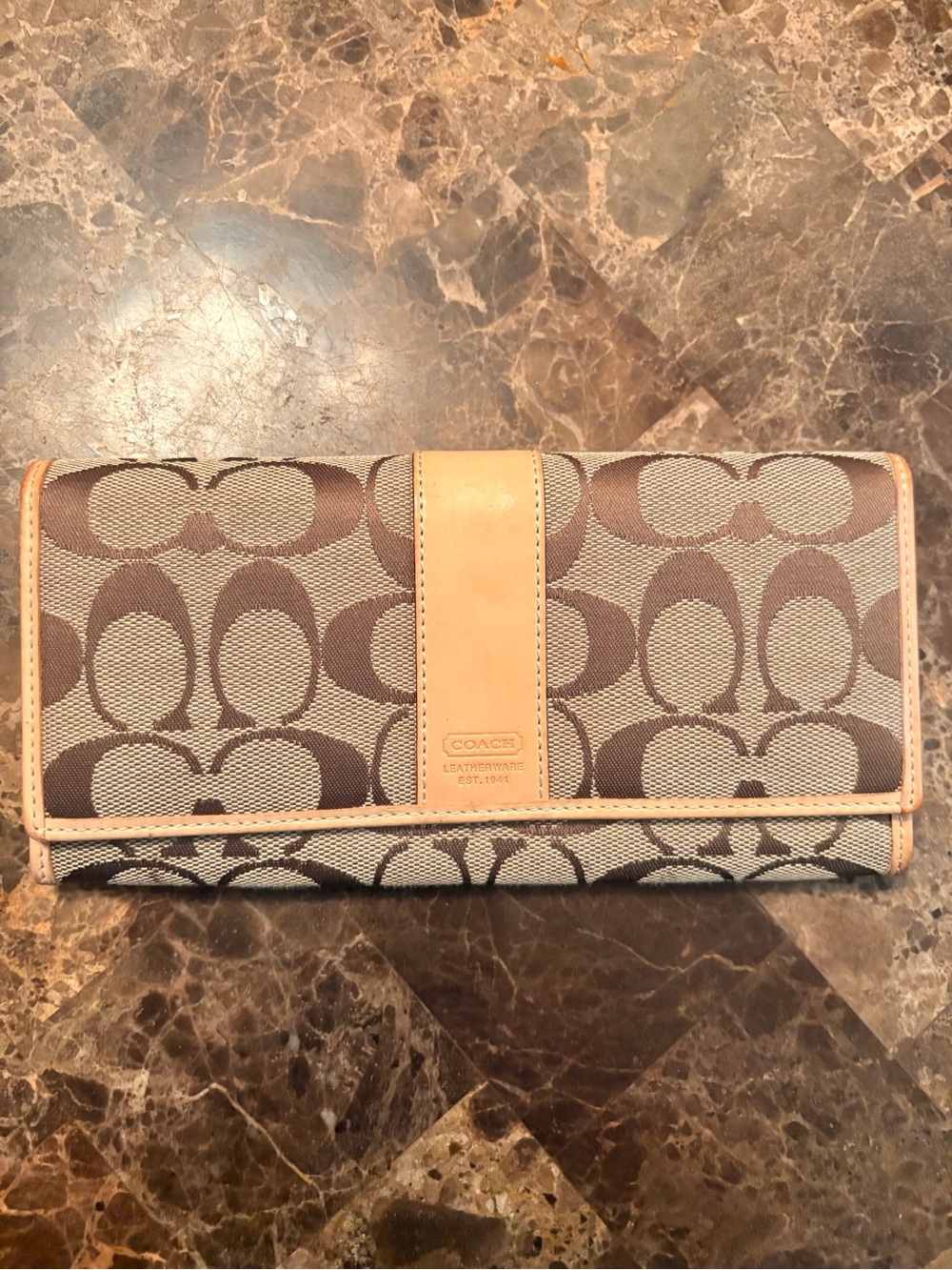 Coach Continental Wallet in Brown Signature Canvas with Tan Trim